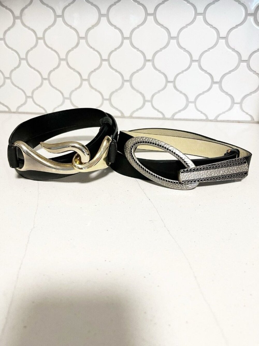 Set of 2 Chico's Adjustable Slide Genuine Leather Belts Women’s Sz M/L Black